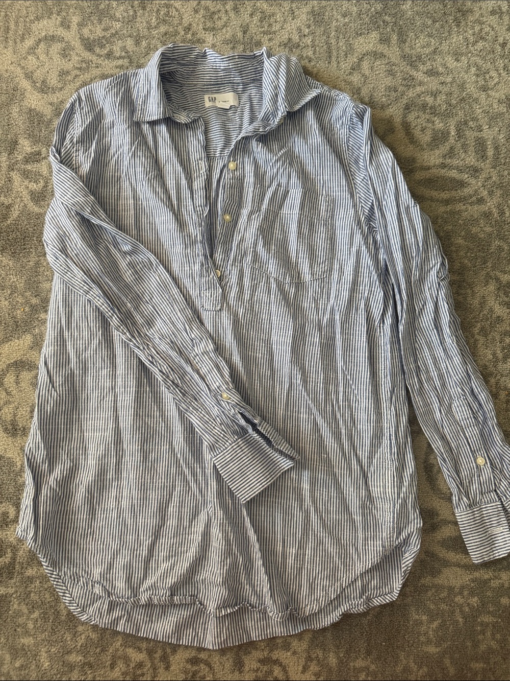 GAP Women’s Boyfriend Fit Navy and White Striped Button-Down Popover Shirt